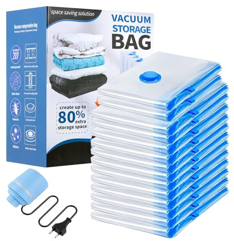 Vakuumbeutel mit Elektrische Pumpe, 12 Stück Vakuumbeutel Kleidung (2*60*40cm,4*70*50cm,4*80*60cm,2*100*80cm,1*Vakuumpumpe) für Bettdecken, Aufbewahrungsbeuteln Winterkleidung Reise Bettlaken (Blau-1)