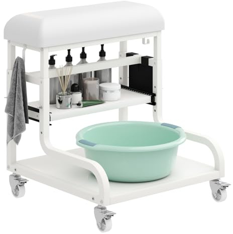 Pedicure Foot Rest with 3-Level Height,Pedicure Foot Bath Trolley with Wheels,PU Cushion Manicure Foot Rest Stand,Pedicure Foot Stool,for Beauty Salon,Nail Tech Foot Bath Spa,Massage Station (White)
