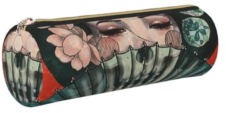 HEBSDFG Trousse ronde en cuir avec imprimé geisha japonais et pochette à cosmétiques, fermeture éclair dorée pour bureau, école, voyage, cadeau, doré, One Size, Cartable