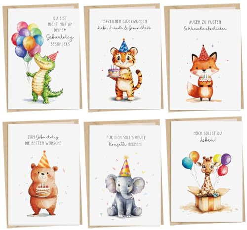 6 Stücke Kinder Geburtstagskarte Glückwunschkarten Kindergeburtstag Karte | Geburtstagkarte Jungen Mädchen Geburtstag Karten Mit Umschlag Tiere Happy Birthday Klappkarten Set