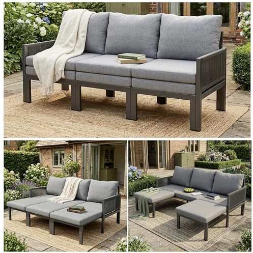 Merax Outdoorsofa 3-Sitzer, multifunktionales Gartenmöbel-Set mit ausziehbarer Liegefläche, spritzwassergeschütztes Gewebe, verzinkter Stahlrahmen, verwandelbar in Liegesessel, Grau