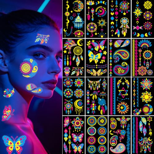 Tatuajes temporales luminosos, 32 hojas, neón UV, luz negra, fluorescente, bohemio, diseño de flores para adultos y adolescentes, 17,2 x 9,7 cm