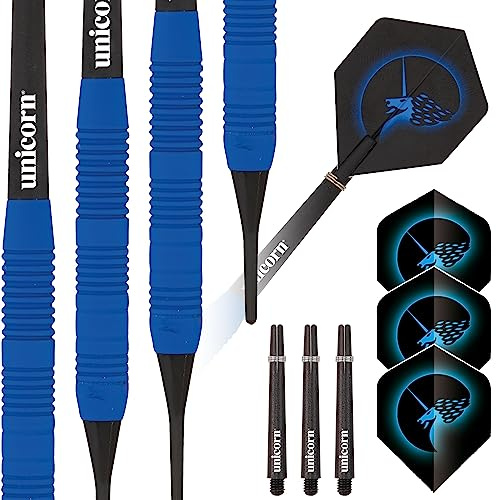 Unicorn Soft Tip Darts Set | Core Plus | Smooth Comfortable Rubberised Brass Barrels | Blue | 16 g