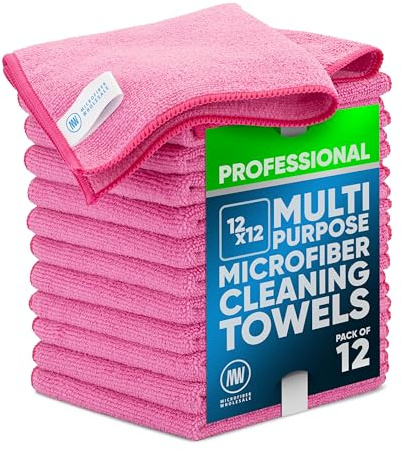12 x 12 MW Pro Multi-Surface Microfiber Cleaning Cloths | Pink - 12 Pack | Premium Microfiber Towels for Cleaning Glass, Kitchens, Bathrooms, Automotive, Supplies & Products