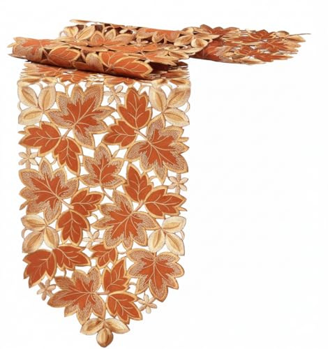 Quinnyshop Herbst Laubblätter Stickerei Tischband 33 x 160 cm Zugespitzt Polyester, Terrakotta