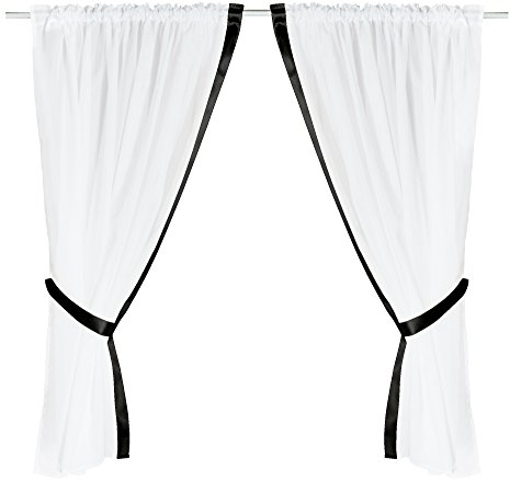 Gardinenset 4-TLG Voile 2 X 140 x 120 cm Vorhang Stangendurchzug Fenstergardine Weiß Gardine mit Satin-Band für Borte und Raffbänder in Schwarz