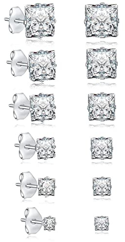 Stainless Steel Silver Stud Earring for Women, 6Pairs Men's Diamond Stud Earrings,Surgical Steel Hypoallergenice Earrings,Titanium Silver Earrings Set,Square Cubic Zirconia Stud Earrings