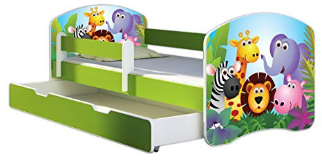 ACMA Kinderbett 140x70 Jugendbett mit Einer Schublade und Matratze, Farbe Grün, Rausfallschutz Lattenrost II Spielbett Kinderzimmer Möbel, 01 Zoo