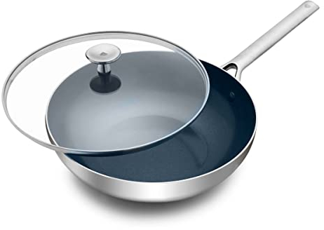 Blue Diamond Cookware Triple Steel Stainless Steel Ceramic Nonstick, 28 cm/3.6 Litre Wok Pan with Lid, Tri-Ply, PFAS-Free, Multi Clad, Induction, Oven Safe, Silver