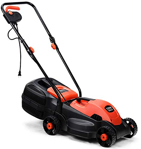 Happygrill Tondeuse à Gazon électrique de 33 cm, Tondeuse à Gazon Filaire avec Sac à Herbe, poignée Pliable, Hauteur de Coupe réglable pour Jardin, Cour, 12 A, Rouge