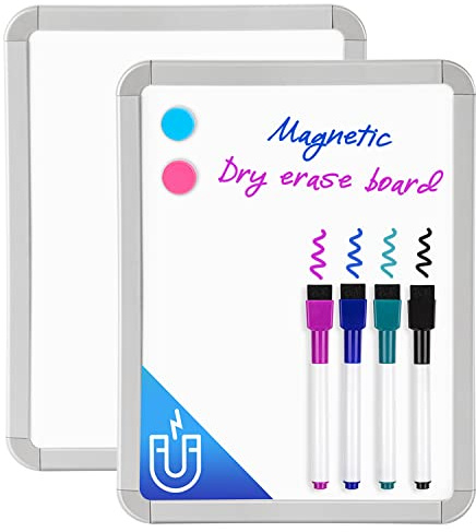 VUSIGN Magnettafel A4 mit Whiteboard Stiften & Zubehör – Magnetisches Whiteboard Klein für Zuhause, Schule & Büro – Trocken abwischbar mit Magneten, Klebepads & Stift mit Schwamm, Grau 2 Stück