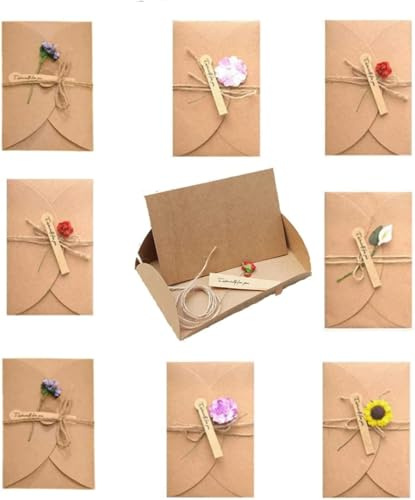 N/U 8 Stück Grußkarte Set, Kraftpapie Umschläge, 17,5 x 11 cm getrocknete Blumen mit Postkarte, handgefertigt, Retro-Kraftpapier für Grußkarten, Muttertag, Weißes