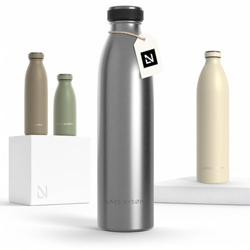 LARS NYSØM Stainless Steel Insulated Water Bottle 12oz 17oz 25oz 34oz 51oz | Insulated Thermo Flask for Hot and Cold Beverages | Leakproof Drinking Bottle (Stainless Steel, 25.4oz)
