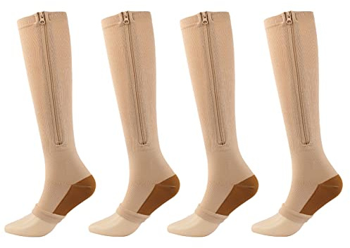 YCDZSW Calze A Compressione Donna E Uomo, 4 Paia Calza Sportive, Calza Elastica Gambaletti Con Cerniera, Per Calcio, Trekking, Ciclismo, Gravidanza (Tono della pelle #1,S-M)