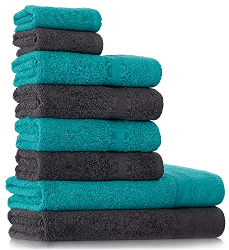 Tuiste Handtuch Set Grau - Türkis |%100 Baumwolle Frotee Handtücher Set 8 Teilig | 2X Badetücher Set, 4X Handtücher, 2X Gästetücher | Weich und Saugstark | Fabre: Grau - Türkis