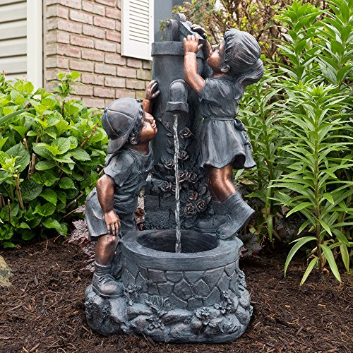 Outdoor Water Fountain with Boy and Girl, Antique Bronze Design and Soothing Sound for Decor on Patio, Lawn and Garden by Pure Garden