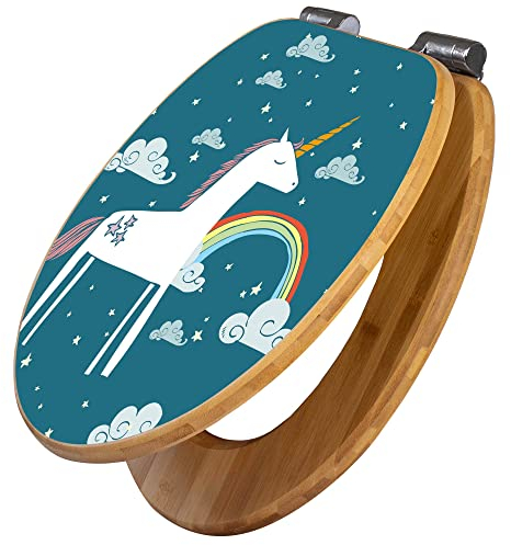 banjado Design WC Sitz Bambus Absenkautomatik 45,8x37,5cm / Toilettendeckel mit Absenkautomatik Holz/hochwertiger Bambus Klodeckel/WC-Sitz für gängigen Toiletten/Motiv Einhorn