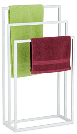 Relaxdays Handtuchständer, 3 Stangen, Stahl, H x B x T: 82,5 x 46 x 21 cm, freistehender Duschtuchhalter fürs Bad, weiß
