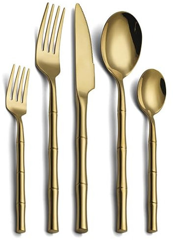 Vajilla de 30 piezas con mango de bambú Juego de cubiertos Juego de cubiertos Cuchillo for bistec de acero inoxidable Juego de tenedores for servir a 6 personas Lavavajillas Servicio de cena disponibl