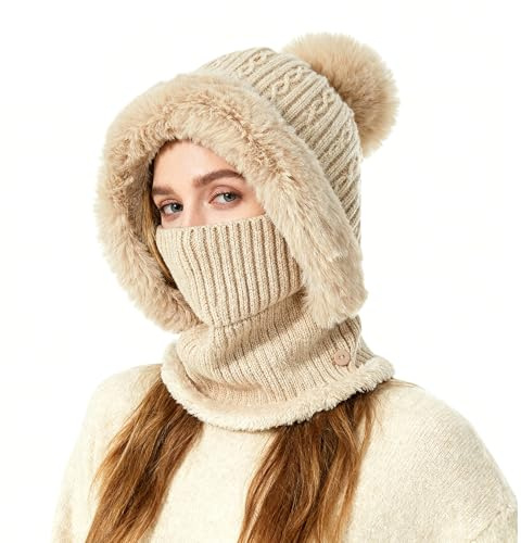TAGVO Hiver Chaud Tricoté Bonnet Et Ensembles De Cache-Cou, Balaclava Chapeau Bonnet Tricoté Flexible Avec Boule De Poils, Cagoule Tricoté Femme pour Les Sports De Plein Air Taille Unique,Beige