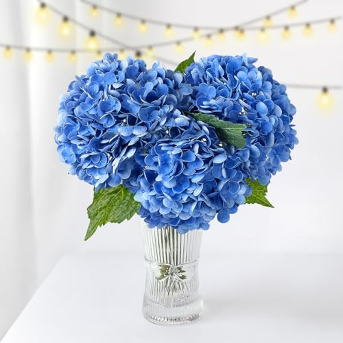ZYTUYO 3 PCS Dark Blue Hydrangea Real Touch Artificial Flowers 21'' Latex Large Hydrangea with Long Stems for Wedding Table Centerpieces Indoor Kitchen Spring Home Decor Outdoor Porch