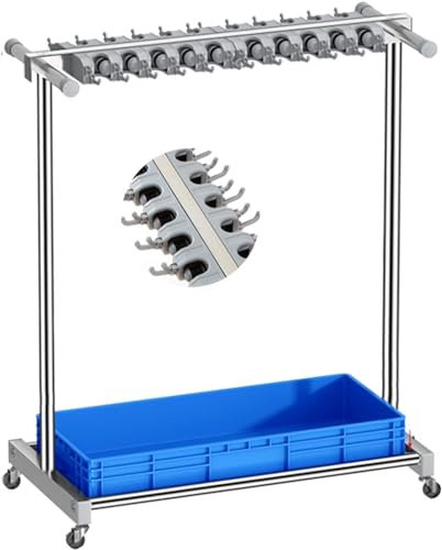 HACSYP Garage Tool Tower Rack, Cleaning Tool Cart Storage, Floor Standing Broom And Mop Holder, Put Wet Mops Movable Rack, For Garden Garage Schools (Color : Double Row, Size : Blue water basin)