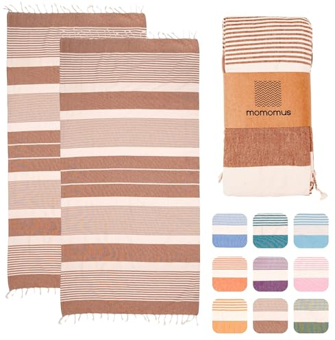 MOMOMUS Strandtuch Baumwolle, 2er-Set Hamamtücher, 90 x 180 cm, Braun | Strandhandtuch groß aus 100 % Baumwolle flach gewebt, ca. 320 g je Tuch, leicht und kompakt für Strand und Pool