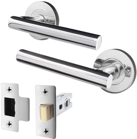 EAI Door Handle Latch Set Polished Chrome | Round T-Bar Internal Door Handles & Latch (64mm) | Silver Lever on Rose Oliena Range