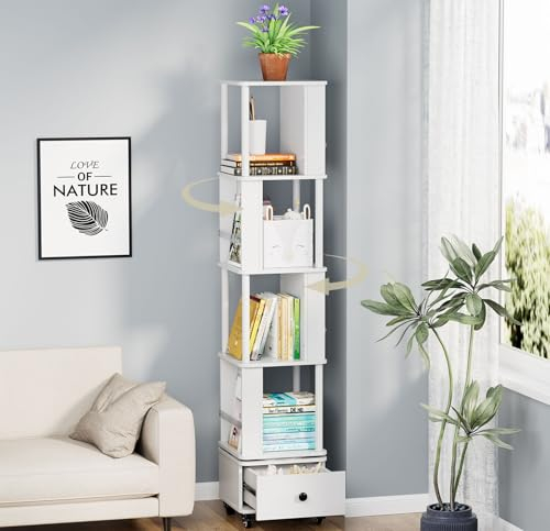MYOYAY Drehbares Bücherregal, Standregal 360 Grad, 4 Ebenen Drehregal, Lagerregal mit Schublade und Rollen, Multifunktionales Bücherregal für Wohnzimmer Schlafzimmer Büro, Weiß