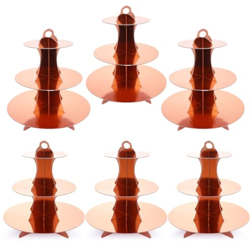 Oungy Paquete de 6 soportes de cartón para cupcakes de 3 niveles, soporte redondo de cartón para tartas, soportes de torre de postre de oro rosa para té de la tarde, soporte redondo de torre de