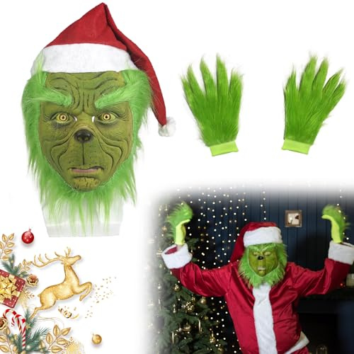 Grin Kostüm Maske mit Weihnachtsmütze und Handschuhen, Grün Gruselige Monster Kopfmaske mit Grünem Pelzigem, Lustiges Christmas Pelziges Kostüm Requisiten für Halloween und Weihnachten Cosplay