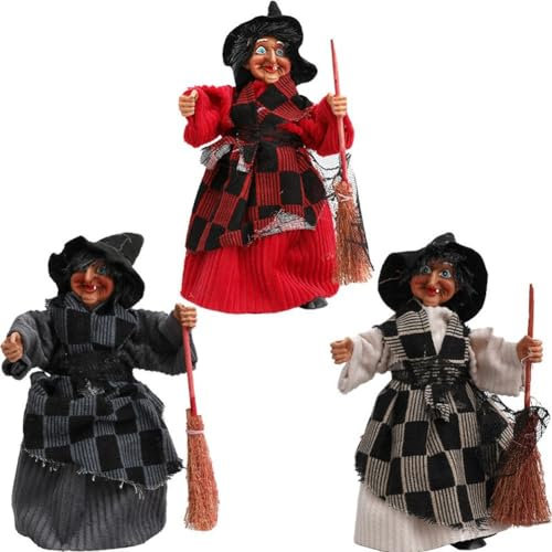 Keuyeo 3 Teile/Satz Halloween Besen Hexe Dekor Halloween Hexen Ornamente Besen Hexe Puppe Fliegende Hexen Figuren Puppe Spielzeug