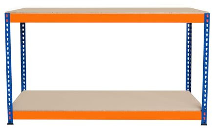 Garage Workbench S-Rax 2 Shelf 150cm x 45cm x 90cm Workstation Heavy Duty Steel Chipboard 300kg Capacity Per Shelf Adjustable Layout Boltless Assembly Rubber Feet 2 Reinforced Support Bars Warehouse
