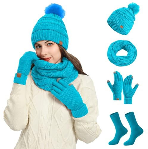 Hat Scarf and Gloves Set Ladies, Winter Beanie 3 In1 Cable Knitted Hat Fleece Neck Warmer Touchscreen Gloves Set Fleece Lined Warm Thermal Outdoor Sports Sking (Blue, One Size)