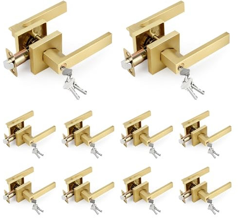 LOQRON Brushed Gold 10 Pack Wholesale Keyed-NOT-Alike Keyed Entry Door Lever, Square Design Interior/Exterior Door Lever with Key and Lock, Reversible Handle for Entrance/Front Door Lock, Satin Brass