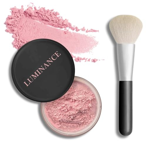 Luminance Pink Setting Powder - Loose Face Makeup With Brush, Peach Matte Oil Absorbing Foundation for All Skin Types, Long Lasting Finishing