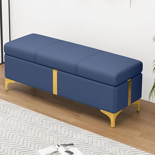 Moderne Polsterbank mit Stauraum, Leder, mit goldfarbenen Beinen, gepolstertes Sitzkissen, Foyer-Bank für Wohnzimmer, Schlafzimmer, Flur, Bettende Fußstütze, 40 x 45 x 160 cm, Blau