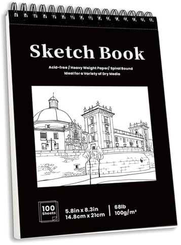 Skizzenbuch A5, 100 g/m² Zeichenpapier, 200 Seiten / 100 Bögen Spiralgebundenes Sketchbook Hardcover Zeichenblock für Illustration, Porträt und Skizzen (A5)