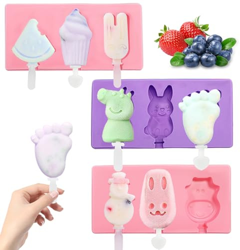 Shyllin 3 PCS Moldes para Paletas de Helado, Niños Molde Helado, Silicona Moldes Helados, con 100 Palitos de Helado, Reutilizable Moldes Paletas, Popsicle Mold Silicone, Moldes para Paletas sin BPA