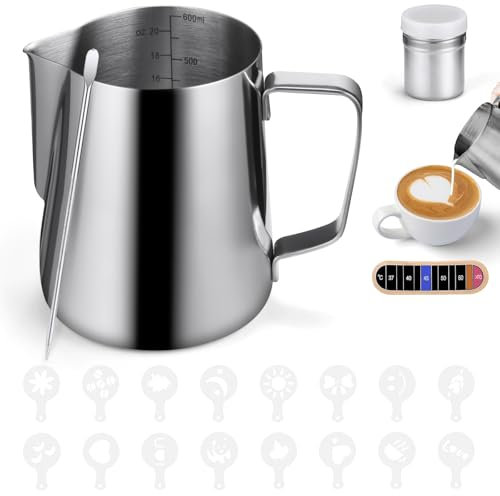 HOTUT Bricco Latte Professionale per Montalatte Inossidabile 304, 600ml Pentolino Latte con Segno di Misurazione, Brocca in Schiuma per Espresso, Lattiera Mucca per Cappuccino, Espresso, Latte Art