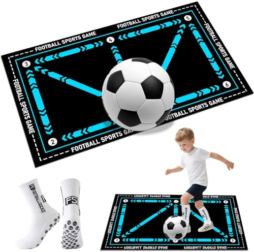Fussball Matte, 60 x 90cm Fußball Schritt Trainingsmattem mit Fußballsocken, Fussballmatte Training Kinder, Rutschfeste Fußball Matte Ballkontrolle, Fussball Trainingszubehör für Fußballliebhaber