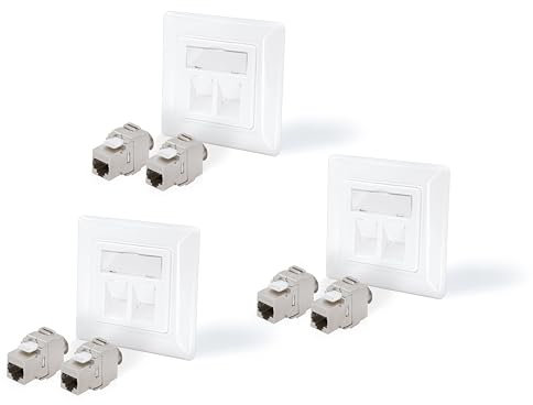 BIGtec 3 enchufes de red Keystone de 2 puertos empotrados + 6 módulos Keystone Jack RJ45 hembra LAN, sin herramientas, apantallado, adecuado para cables de red CAT7 CAT6a