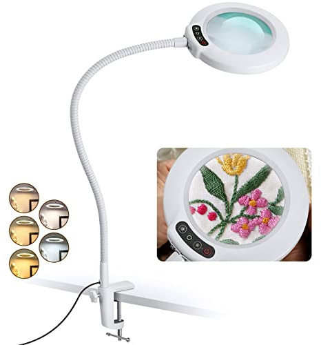 Veemagni 12X Lupe mit Licht und Klemme, Echtes Glas Lupenlampe, 5 Farbmodi Stufenlos Dimmbare, 23 Zoll Flexibler Schwanenhals Ständer Tischlupe mit Beleuchtung, LED Lupenleuchte für Lesen Hobby Weiß