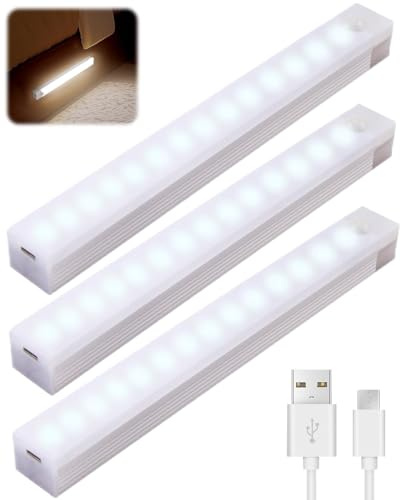 Qaum 3PCS Under Cabinet Kitchen Lights, 39 LED Motion Sensor Lights Indoor Rechargeable 20CM, 300LM Magnetic Auto Night Light, 6500K Cold White Soft Glow Lighting for Closet Stairs Counter Hallway