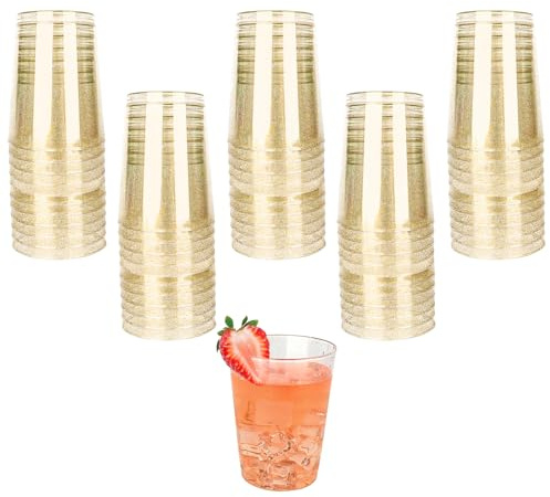 Junrvivy 50 Stück Hartplastik Plastikbecher mit Goldglitter, 10 OZ/300 ml Hartplastik becher, Mehrwegbecher Transparent Trinkbecher für Party, Hochzeiten, Geburtstag
