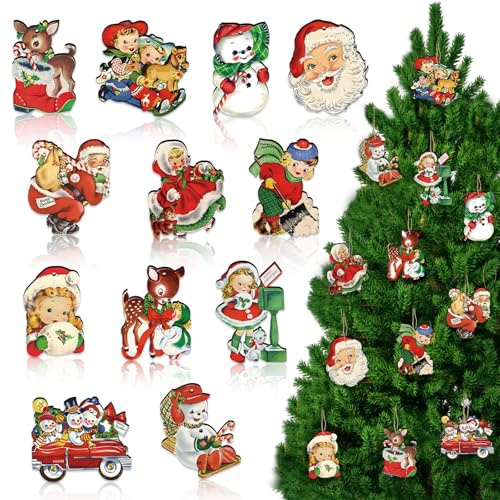 36 Stück Weihnachtsschmuck Holz,Weihnachtsbaum Deko Holz, Baumschmuck Weihnachten Set, Weihnachtsbaumanhänger Lustig mit Seil für Weihnachtsbaum, Geschenke, Partyzubehör (B)