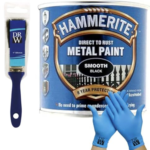 DRW Hammerite Direct to Rust Metal Paint Smooth Black 250ml 1 Paint Brush & Free Nitrile Gloves | Durable Anti-Rust Protection for Indoor & Outdoor Metal