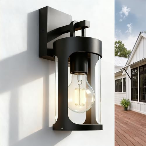 JNR Edelstahl Aussenlampe Wand, E27 LED Wandleuchte Aussen, Schwarz | Aussenleuchte Außenwandleuchte, IP54 Wasserdichte Wandlampe mit 8W 2700K Warmweiß E27 Glühbirne, für Terrasse Garten