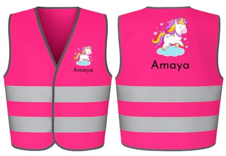 Warnweste Kinder personalisiert – Mit Wunschtext, Namen oder Motiv – Sicherheitsweste für Schule & Kindergarten – Farben Pink, Gelb, Orange, Grün, Hellblau, Rot, Lila – Kinderweste reflektierend
