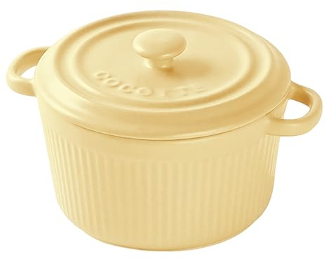 Ciotola da Forno in Ceramica con Coperchio 400 ml, Piatti da Soufflé, Pirottini con Manici per Torte, Carne, Verdure e Salse, Adatti per Friggitrice ad Aria, Forno, Microonde, Giallo